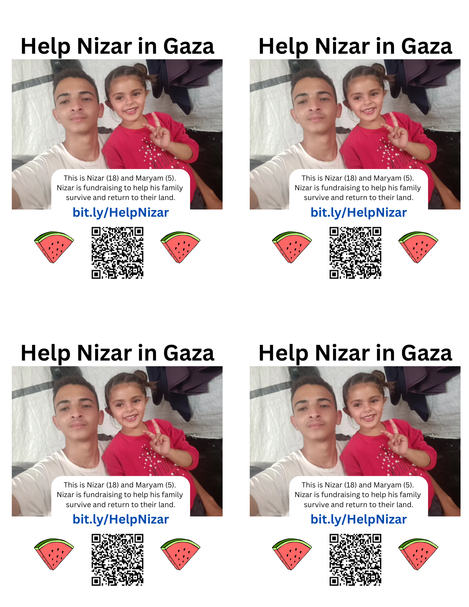 Help Nizar in Gaza. This is Nizar (who is 18 years old) and Maryam (who is 5 years old). Nizar is fundraising to help his family survive and return to their land.